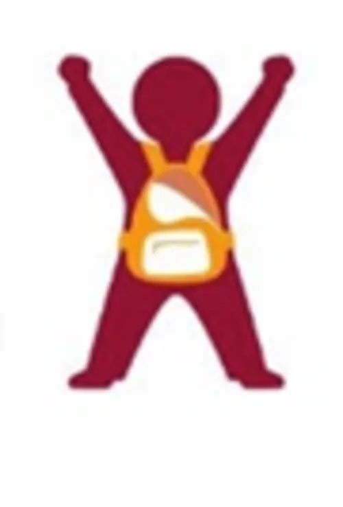 Eine rote Figur mit einem organgen Rucksack stemmt beide Hände in die Luft (Rückansicht).
